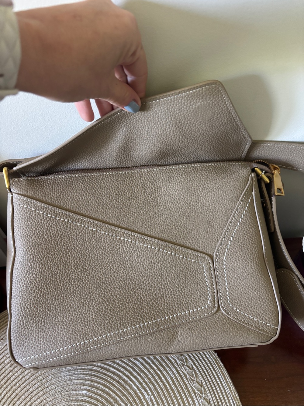 Taupe Leather Top-Handle Women's Bag - Picture 7 of 9